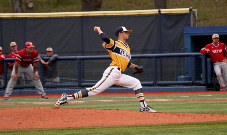 Junior pitcher Andy Ravel pitches during a game against Miami University on Friday, April 30, 2016. Kent State lost the second game in this series 2-5.