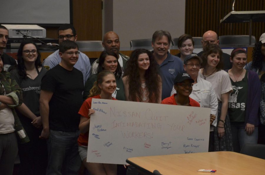 United Students Against Sweatshops held their panel discussion with Lee Ruffin, center back, in support of workers for Nissan on April 24, 2017.