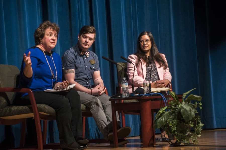 Jan Leach, Journalism and Mass Communication associate professor; Michael Hawkins, resident librarian; and Rekha Sharma, Communications Studies assistant professor answer questions during the “Fighting Fake News” panel discussion in the KIVA on Monday, April 3, 2017.