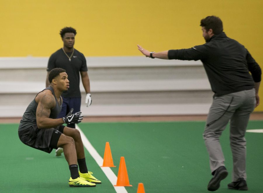 Former Kent State cornerback Najee Murray participates in a drill during Kent States pro day on Friday, March 24, 2017.