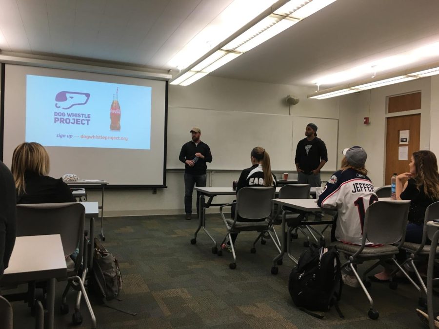 Kevin Samy (right), a former Obama administration official and expert on climate change, energy, and national security policy and Chris Roessner (left), a special operations Iraq War veteran and Pallman military scholar, speak during a Kent State College Democrats meeting about their Dog Whistle Politics Project on Wednesday, April 12, 2017.
