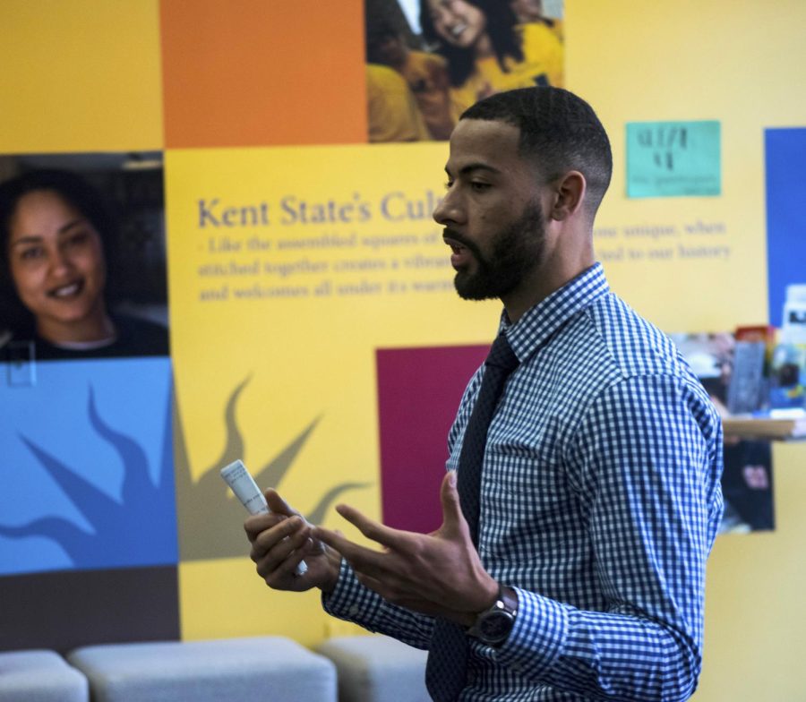 Michael Daniels, Kent State Student Multicultural Center program coordinator, speaks to students during the “Soup and Substance” discussion at the Kent State Student Multicultural Center on April 5, 2017.