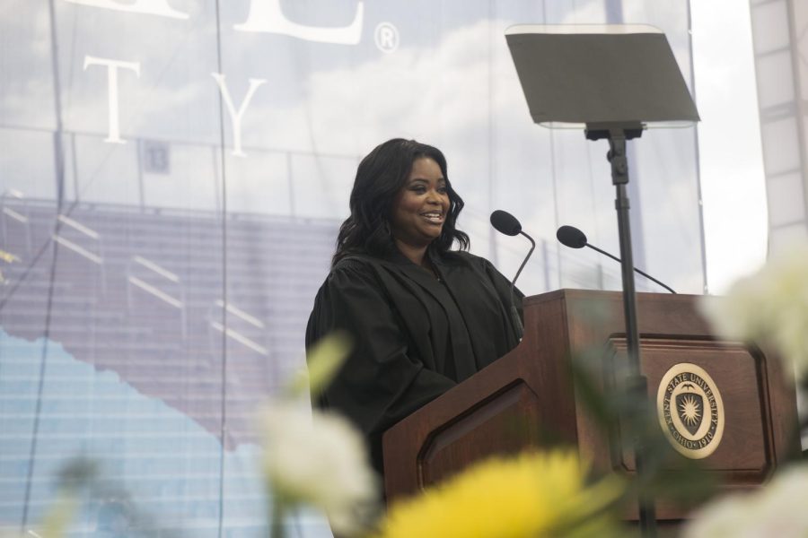 Commencement speaker and Academy Award-winning actress Octavia Spencer encourages graduates to focus on their goals at the ceremony held at Dix Stadium Saturday, May 13, 2017.