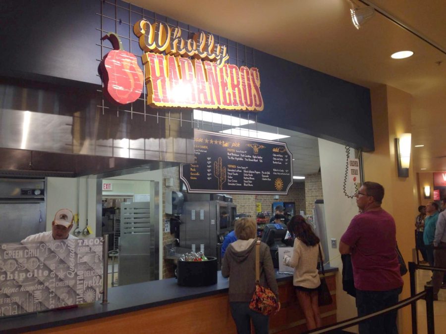 Students line up at Wholly Habanero, located in the Student Center’s HUB, on Aug. 29, 2015. Wholly Habaneros is new to the HUB and offers a create-your-own burrito bar.