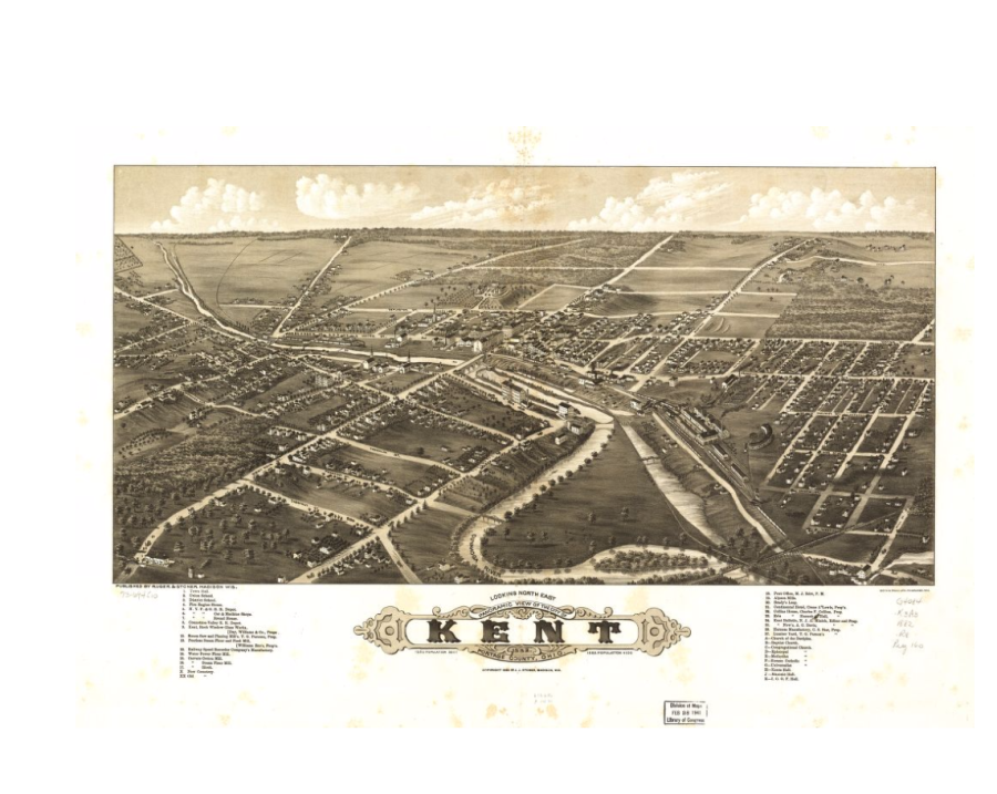A panoramic view of the city of Kent from 1882.
