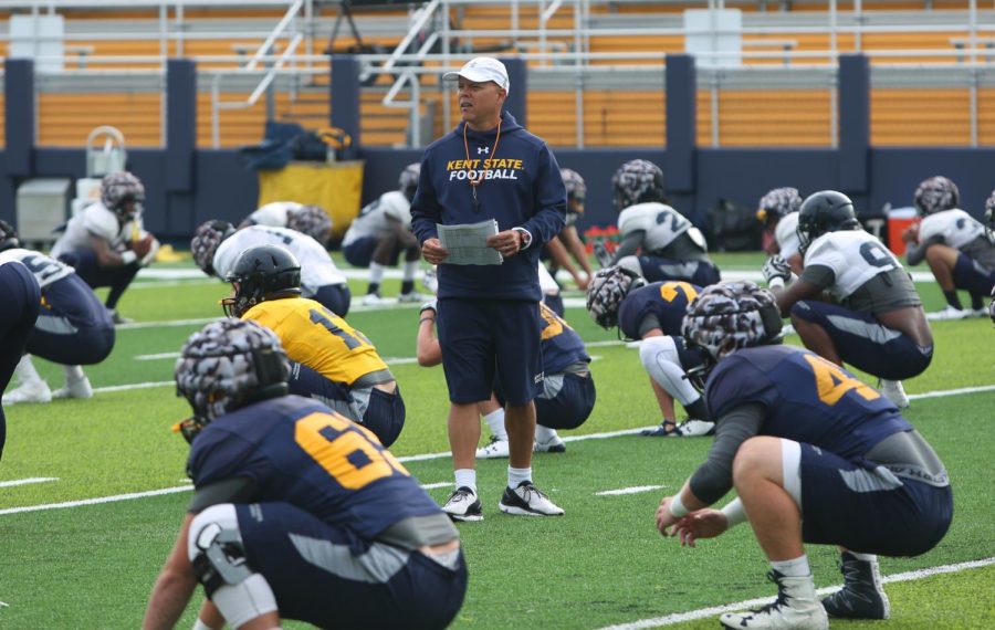 Kent State offensive coordinator Don Treadwell coaches in his first practice as acting head coach. 