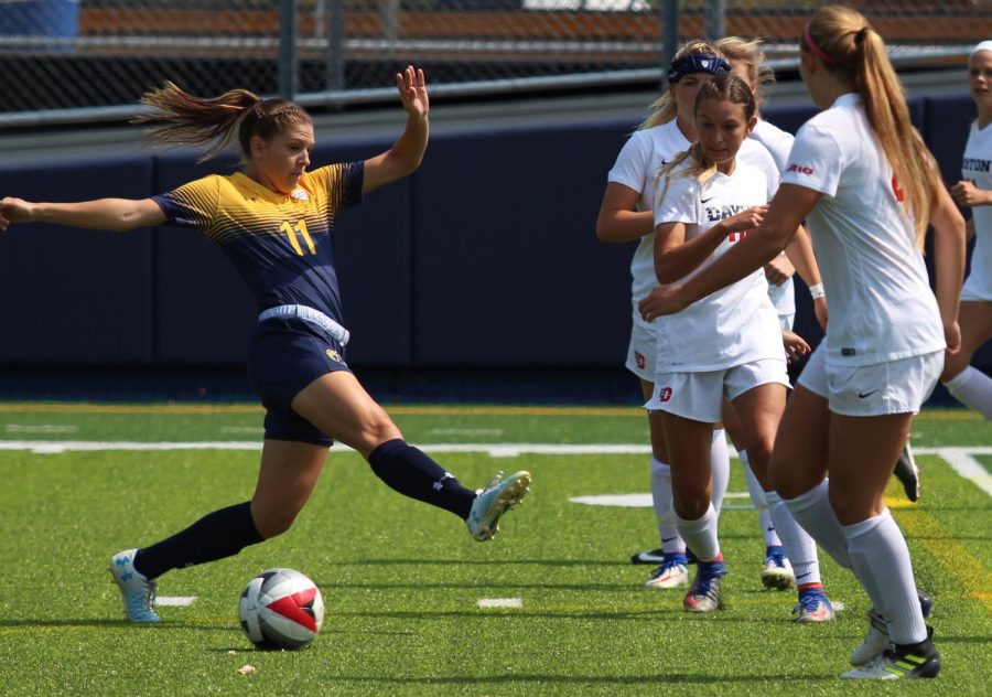 Senior Mackenzie Lesnick attempts to score a goal in game against Dayton on Sunday, Sept. 10, 2017, at Dix Stadium. Kent State won 1-0.