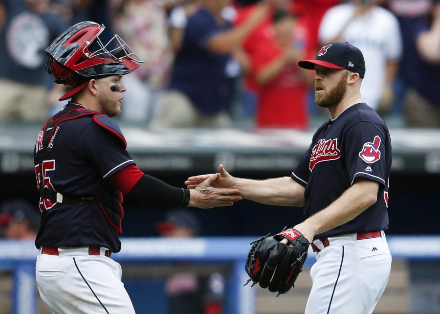 Cleveland+Indians+Roberto+Perez%2C+left%2C+and+Cody+Allen+celebrate+a+5-3+victory+over+the+Detroit+Tigers+Wednesday%2C+Sept.+13%2C+2017%2C+in+Cleveland.+The+Indians+set+the+American+League+record+with+21+consecutive+wins.