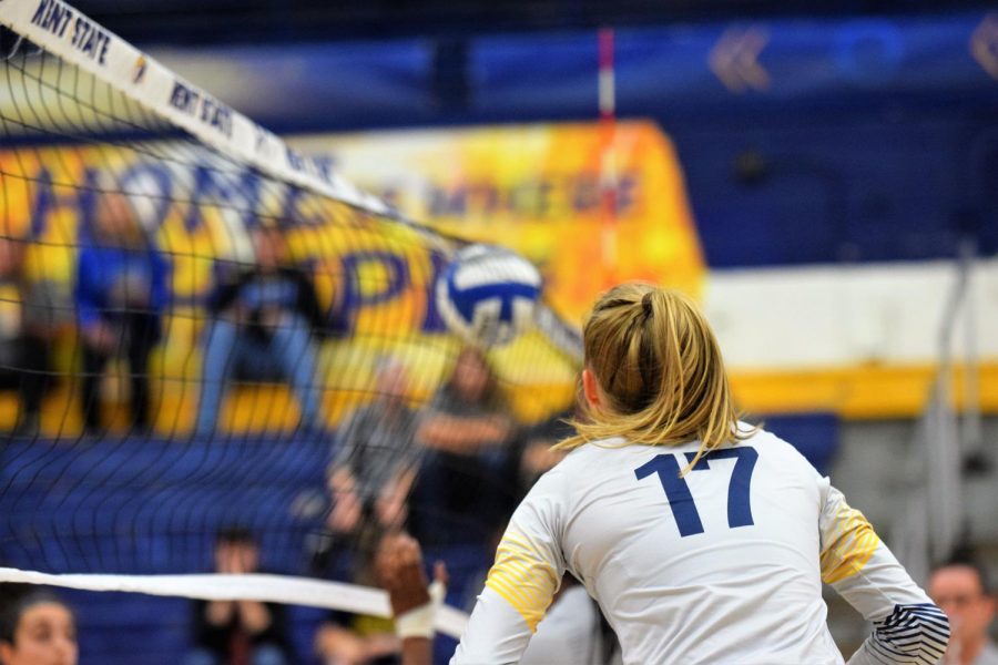 Outside hitter Kelsey Bittinger watches as a Buffalo player hits the ball into the net during a match on Friday, Oct. 27, 2017.