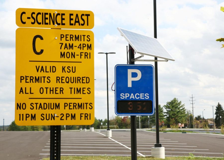 Kent State added a new parking sign at the C-Science East lot that keeps track of the number of the amount of parking spaces available in that specific lot.