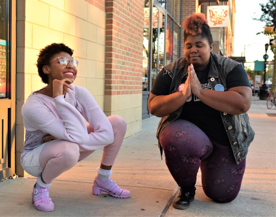 Rue Monroe, a sophomore theatre studies major, and Jordin Manning, a sophomore zoology major, pose for a portrait in downtown Kent Friday, Oct. 20, 2017.