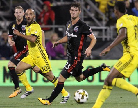D.C. United midfielders Russell Canouse (left) and Ian Harkes, along with Columbus Crew midfielder Federico Higuain (second from left) and forward Ola Kamara, during a match in Columbus, Ohio, Saturday, Sept. 30, 2017.