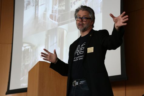 William Willoughby, Associate Dean of the College of Architecture and Environmental Design speaks about the recent history of the College of Architecture building and its social significance on Saturday, Oct. 14, 2017.