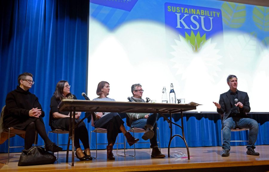 A discussion panel answers audience questions after the showing of “The True Cost” in the KIVA on Thursday Oct. 26, 2017.