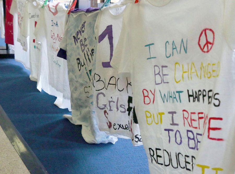 T-shirts line the second floor of the Student Center as part of the Clothesline Project, which addresses the issue of violence against women and men on Wednesday, Oct. 25, 2017.