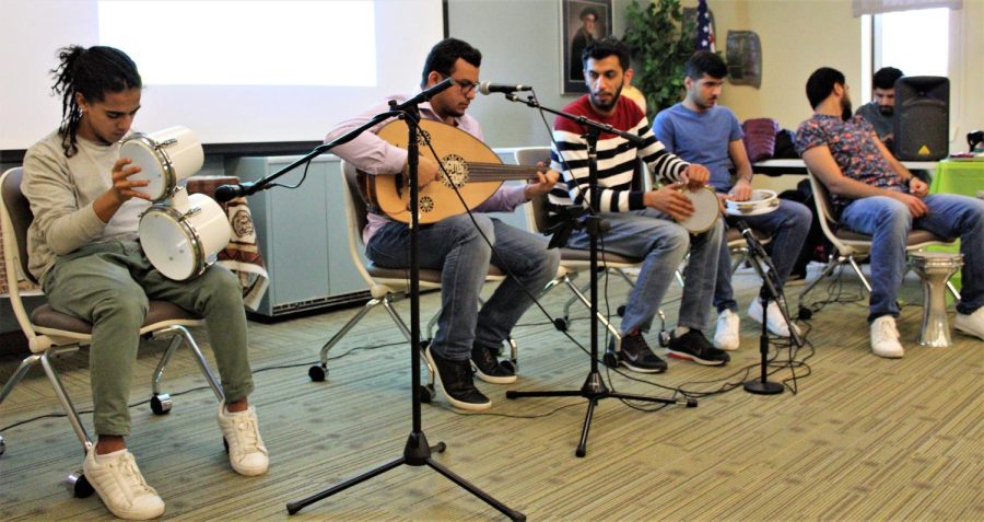 Saudi Arabian students perform traditional music during Global Jams in the Gerald Reed Center in White Hall Nov. 14.
