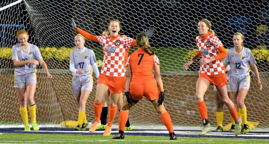Bowling Green players celebrate their second goal scored against Kent State during the MAC Tournament Semifinals Friday, Nov. 3, 2017. 