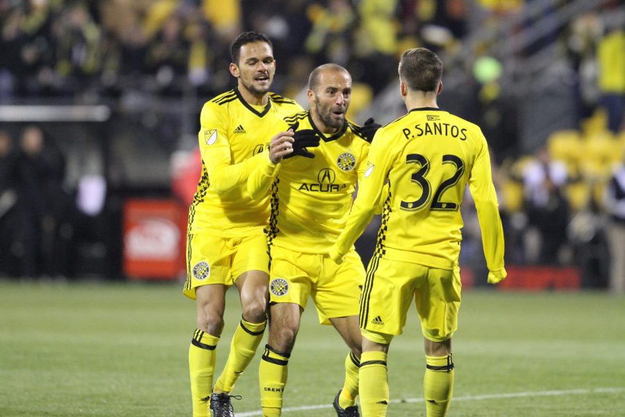 Columbus Crew SC midfielder Federico Higuain celebrates with teammates after they score a goal against New York City FC in Mapfre Stadium Tuesday, Oct. 31, 2017