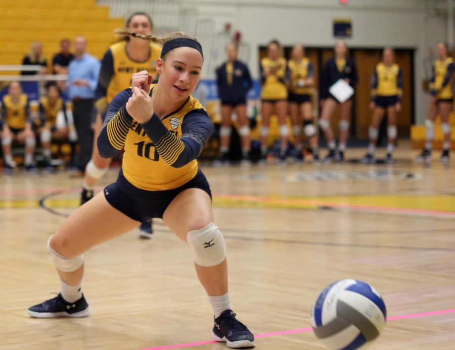 Kent State sophomore Claire Tulisiak watches as the ball lands out of bounds during the Homecoming match against the University of Toledo Saturday, Oct. 14, 2017.