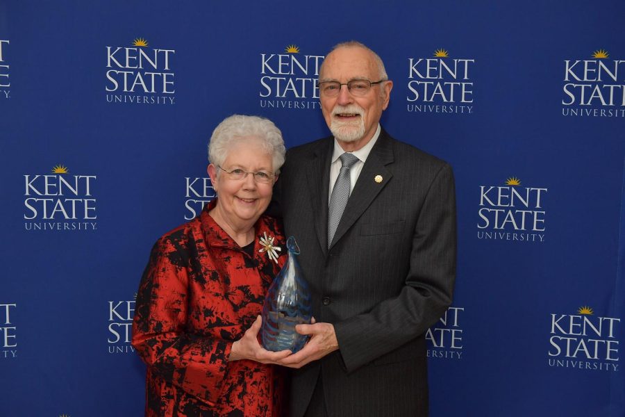 Kent State University President Emerita Carol Cartwright, Ph.D., and her husband, G. Phillip Cartwright, Ph.D., accept an award at the Founders Gala held in November 2017 in the Kent Student Center Ballroom.