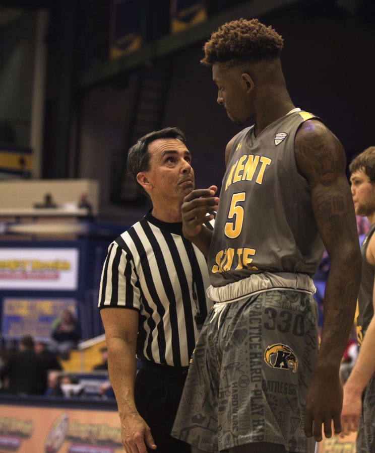Sophomore forward Danny Pippen and a referee exchange glances during Kent States 73-71 win over Western Michigan. Pippen scored a season-high 16 points, all in the first half.