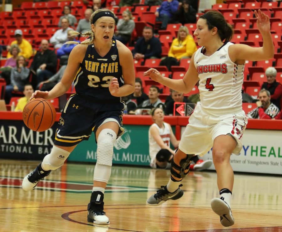 Kent State sophomore guard Ali Poole dribbles the ball past Youngstown State junior guard Nikki Arbanas Tuesday, Nov. 14, 2017. The Flashes beat the Penguins, 55-44. 
