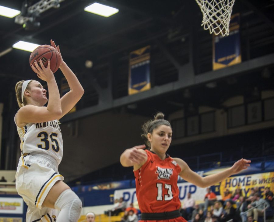 Senior forward Jordan Korinek drives to the hoop for two of her career-high 36 points against Bowling Green on Jan. 31, 2018. Kent State won the game, 81-57. [FILE]