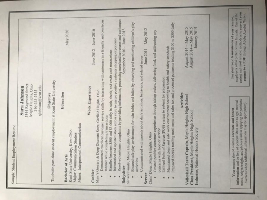An example of a sample resume, provided by Career Services. 