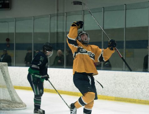 A Kent State hockey player celebrates a goal during the Flashes 6-2 win over Mercyhurst Saturday, Feb. 10, 2018. [FILE]