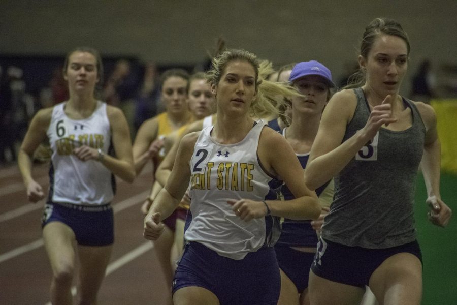 Madison Dunlap (2) and Nichole Flemming (6) run the mile during the Kent State Tune Up on Feb. 17, 2018 at the Kent State Field House. Dunlap won the race with a time of 5:01:73. [FILE]