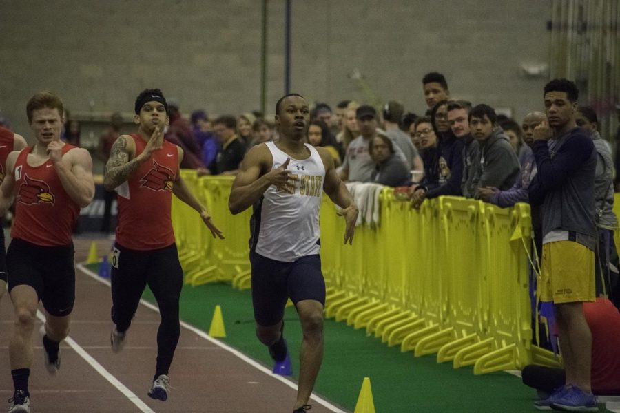 Kent States Shaquille Perry finishes first in his heat of the 400m dash with a time of 50.84 seconds during the Kent State Tune Up on Feb. 17, 2018 at the Field House. [FILE]