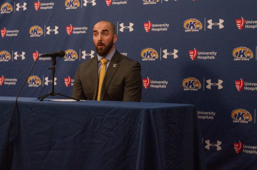 Kent State football coach Sean Lewis addresses the media during his National Signing Day press conference Wednesday, Feb. 7, 2018. The Flashes announced 23 signings.