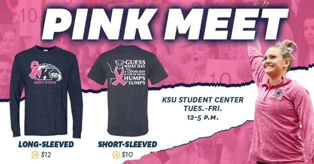 A poster for T-shirts being sold before Kent State gymnastics Pink meet against Eastern Michigan at 1 p.m. Sunday at the M.A.C. Center. All proceeds from the event go to COSACARES.