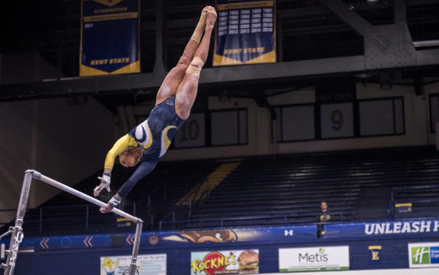 Then a junior, Rachel Stypinski participates on the uneven bars during a meet against Ball State Friday, March 10, 2017. [FILE]