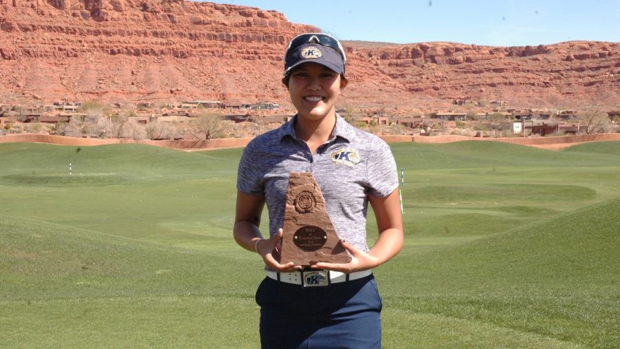 Kent State's Pimnipa Panthong poses with her trophy after coming in first place at the BYU at Entrada Classic. The Flashes finished second out of 14 teams.