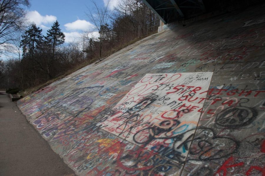 Graffiti under the Haymaker bridge along the Cuyahoga River. This is most popular destination for tagging in Kent. 