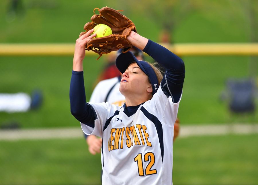 Then a freshman, Kent State's Kellie Abeska catches a pop fly during the Flashes 12-1 win at Akron on April 22, 2017. [FILE] 