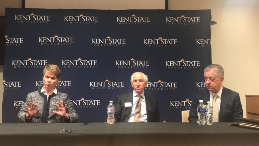 (left to right) Beverley Warren, Larry Pollock and Shawn Riley address the press after the Board of Trustees meeting, March 7, 2018.