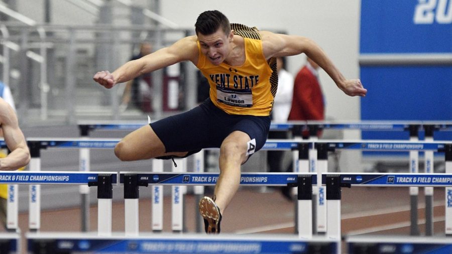 Kent State's TJ Lawson jumps during the 60-meter hurdles, which he finished with a time of 8.36 seconds. Lawson placed fifth in the heptathlon at the 2018 NCAA Indoor Track and Field Championships in College Station, Texas. 