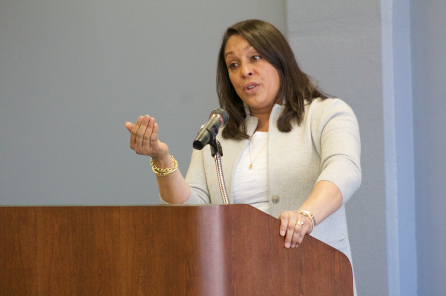 Natasha Trethewey reads her poem Enlightenment to the audience April 18 2018.