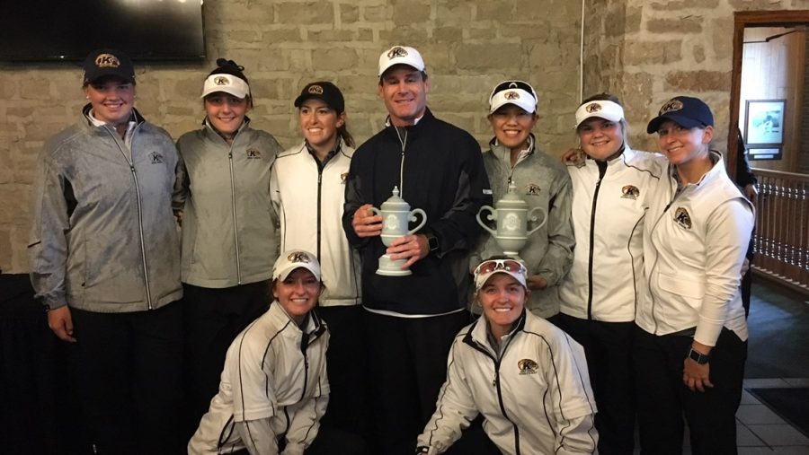 The Kent State womens golf team poses after placing second at the rain-shortened Lady Buckeye Invitational on April 15, 2018. Pimnipa Panthong shared the individual title.  