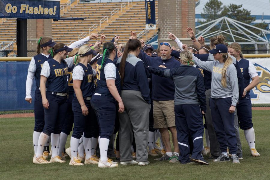Kent State celebrates its second win of the day against Buffalo on April 21, 2018. The Flashes swept the doubleheader, winning both games, 10-2 and 13-1.