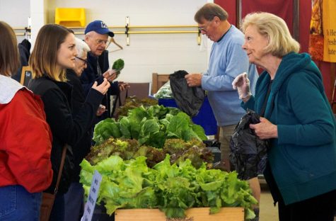 (10:07am) Janice Brown, right, explains the differences between lettuce types to a customer during the Haymakers’ Farmers Market at the United Methodist Church of Kent, Saturday morning, April 21, 2018. She and her husband, back right, have been growing all types of lettuce since 2015 from their Akron farm. “I grew up on a self-sustaining farm. You never forget how good fresh produce tastes, “ Stephen said. John Conley / The Kent Stater
