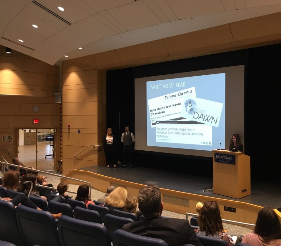 On Friday, May 4, 2018, a team of Kent State students shares their campaign idea — centered on increasing the awareness of naloxone (also known as Narcan) — for the opioid crisis in Trumbull County. Students presented at the Trumbull campus to their client, the Alliance for Substance Abuse Prevention of Trumbull County.