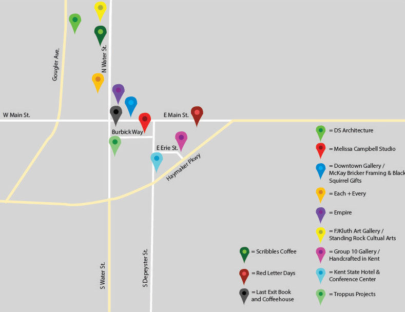 A map showing different stops for the Art Walk.