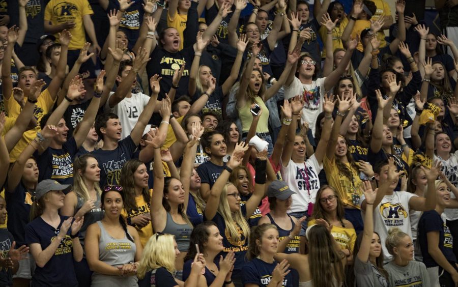 Fans cheer during Kent States matchup against Youngstown State on Aug. 28, 2018. The Flashes won 3-1.