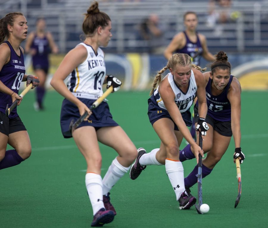 Kent+State+senior+forward+Jessica+Apelt+fights+against+Northwestern+midfielder+Lily+Gandhi+to+keep+possession+of+the+ball%C2%A0+against+Northwestern+on+Sept.+4%2C+2018.+Kent+State+lost+the+match%2C+4-2.