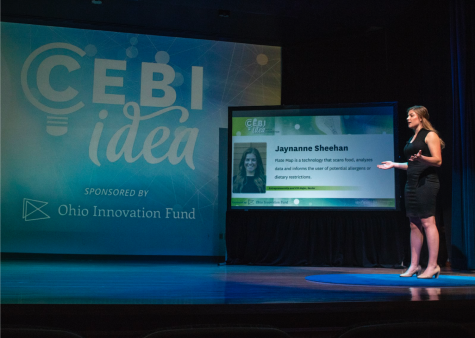 Jaynanne Sheehan presents her Plate Map idea at the CEBIdea Pitch Competition in the KIVA at Kent State on October 8, 2018.