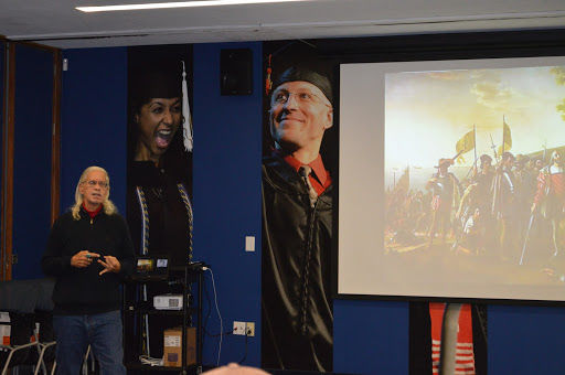 Gonzalez speaking to students about the history of Native Americans, Nov. 15 2018. Photos courtesy of Michael Daniels