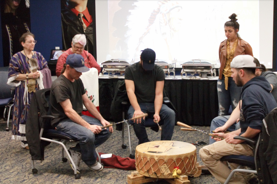 Singing group “Thunder Nation” performs native drum songs. Nov. 29 2018.